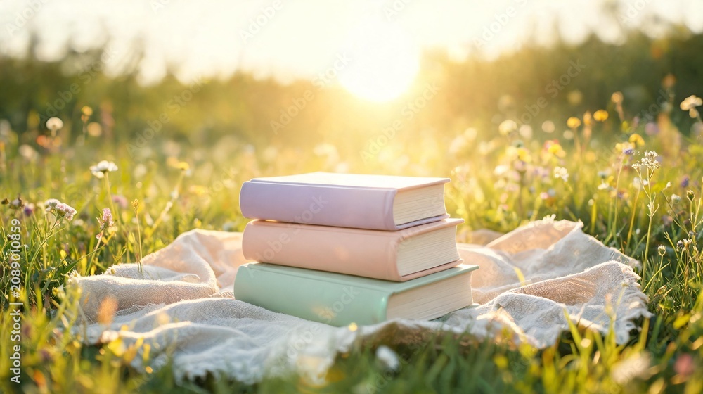 Fototapeta premium Stack of colorful vintage books resting on a blanket in a sun-drenched meadow with wildflowers