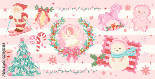 Hand Drawn Pink Christmas Clipart, Coquette Santa Skiing Gingerbread Snowman Rocking Horse Angel Wreath, Cute Holiday Icon Set, Vintage Sublimation Design