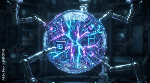 Futuristic Fusion Core with Robotic Arms and Glowing Plasma Energy in Lab