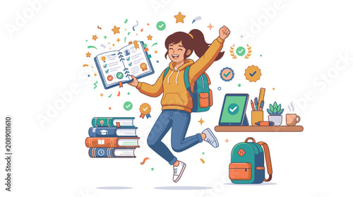 A cheerful young woman with a backpack jumping in the air, holding a calendar, surrounded by books, a laptop, and school supplies on a desk against a white background with colorful floating