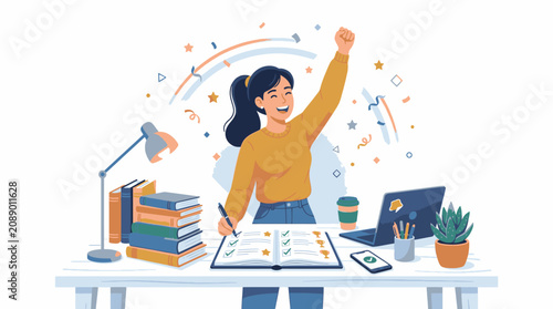 A cheerful young woman celebrating with her arm raised while working at a desk with a laptop, books, and plants in a colorful, joyful setting.