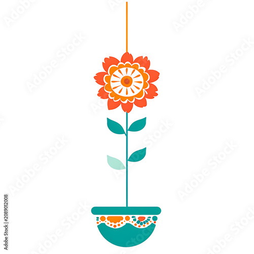 Bohemian Ethnic Flat Design Hanging Potted Plant and Orange Mandala Flower Illustration with Top Copy Space for Indie Brand Packaging Yoga Studio Banners Cultural Posters and Invitations