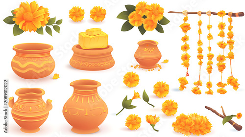 3D Clay Texture Diwali and Janmashtami Festival Elements Set with Marigolds Garlands and Butter Pots for Hindu Cultural Posters Religious Social Media Marketing and Traditional Layouts