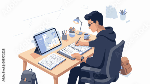 Young man sitting at a desk working on a laptop and notebook with office supplies and a backpack nearby in a modern workspace.