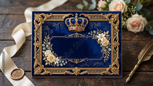 Elegant King Birthday Invitation Card with Crown and Flowers on Wood Background