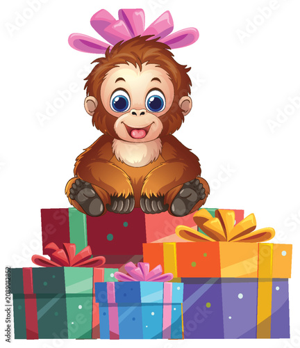 Cute Cartoon Orangutan Sitting on a Pile of Colorful Gift Boxes