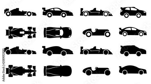 16 Racing Car Silhouette Icons Set – Formula, Sports Car, Coupe, Hatchback, Roadster Vector Collection