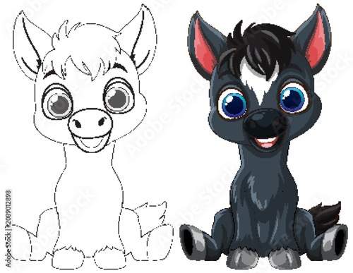 Cute Cartoon Baby Horse Vector Illustration and Coloring Page