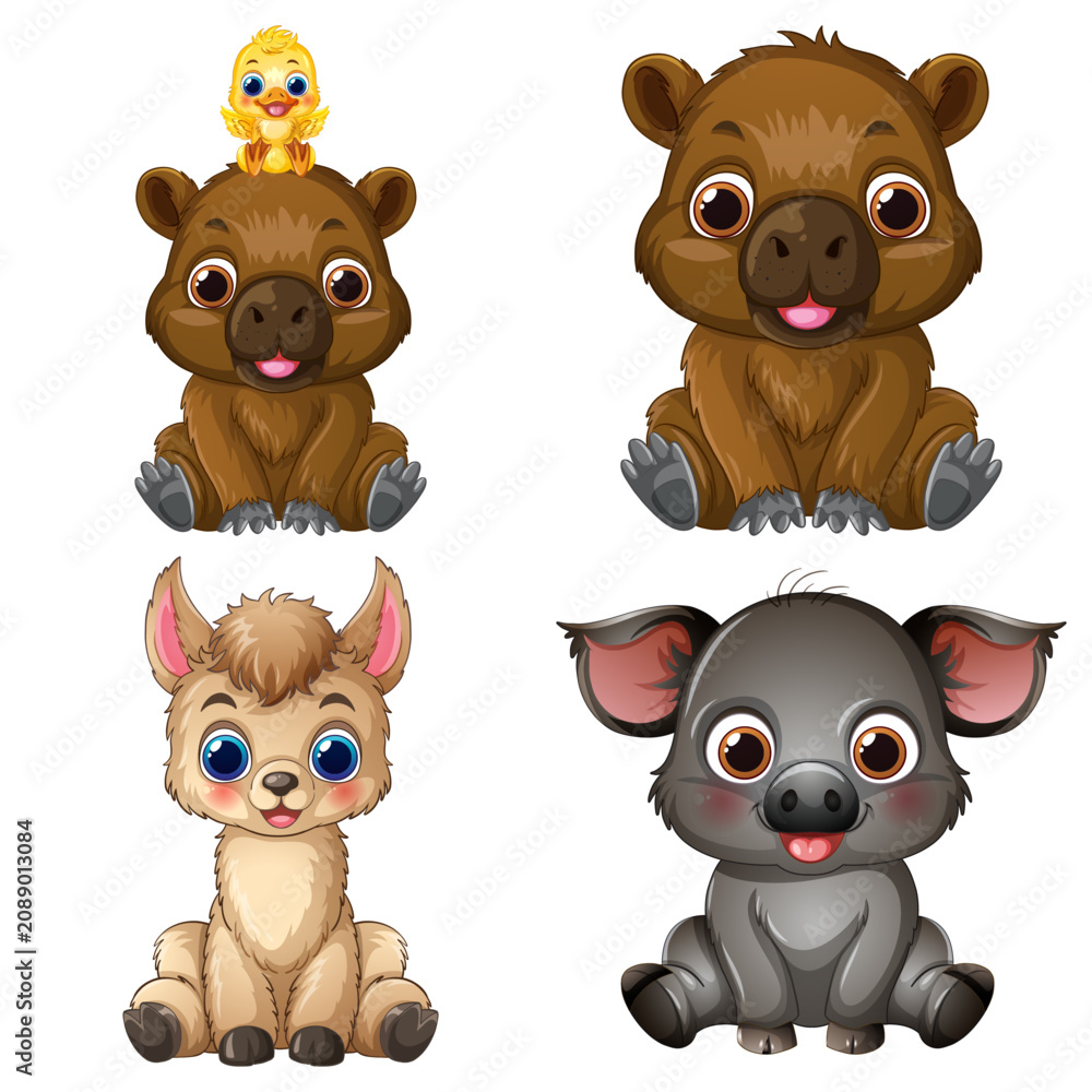 Fototapeta premium Set of Four Cute Cartoon Baby Animals and a Small Duckling