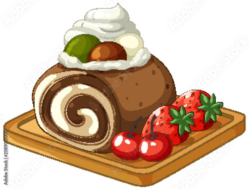 Chocolate Swiss Roll Cake with Whipped Cream and Fresh Berries