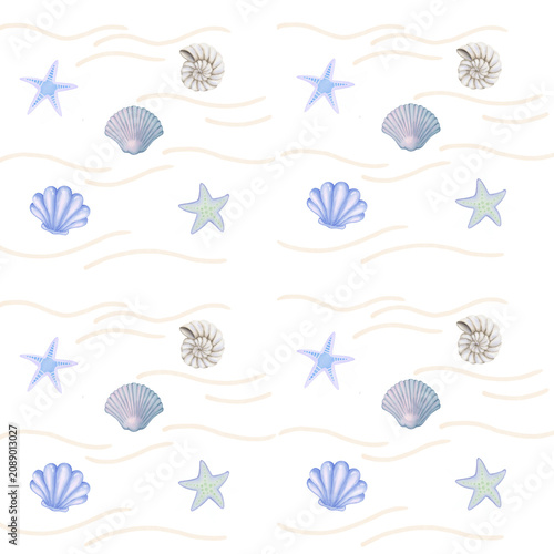 Cuadro en lienzo Watercolor seashell seamless pattern, hand drawn marine life background with she