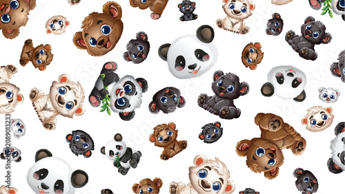 Seamless Pattern of Cute Cartoon Panda Polar and Grizzly Bears