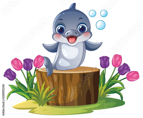 Cute Cartoon Dolphin Sitting on Tree Stump with Colorful Tulips