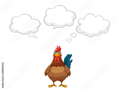 Cartoon Rooster Illustration with Empty Thought Bubbles on White Background