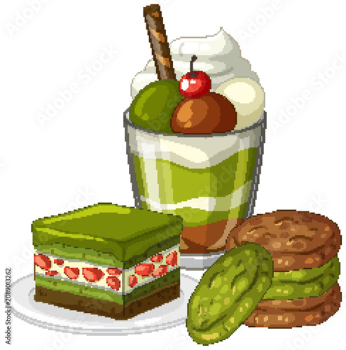 Assorted Matcha Green Tea Desserts with Parfait Cake and Cookies
