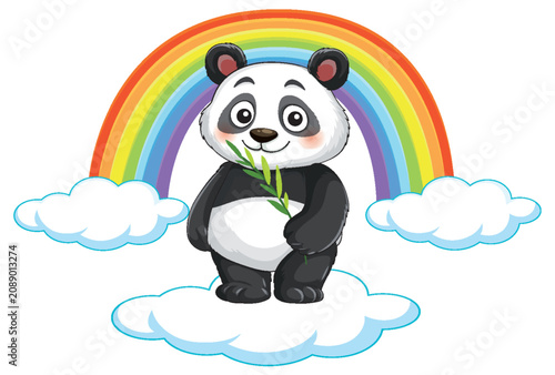 Cute Cartoon Giant Panda Holding Bamboo Standing on Clouds with Rainbow