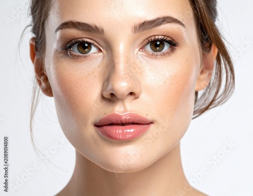 Close Up Beauty Portrait of Young Woman with Flawless Healthy Skin Natural Makeup and Glowing Complexion