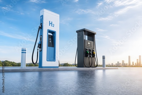 Hydrogen H2 fuel pump and traditional gas station side by side.
