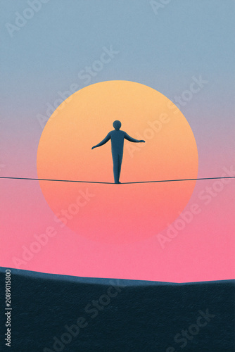 a non gender person on a tightrope in silohouette against a sunrise