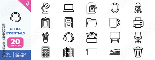 Office utilities icon set. Containing desk lamp, , coffee machine, security shield, keys, clipboard, filing cabinet, folder, mug, printer, potted plant. Editable stroke. Vector illustration.