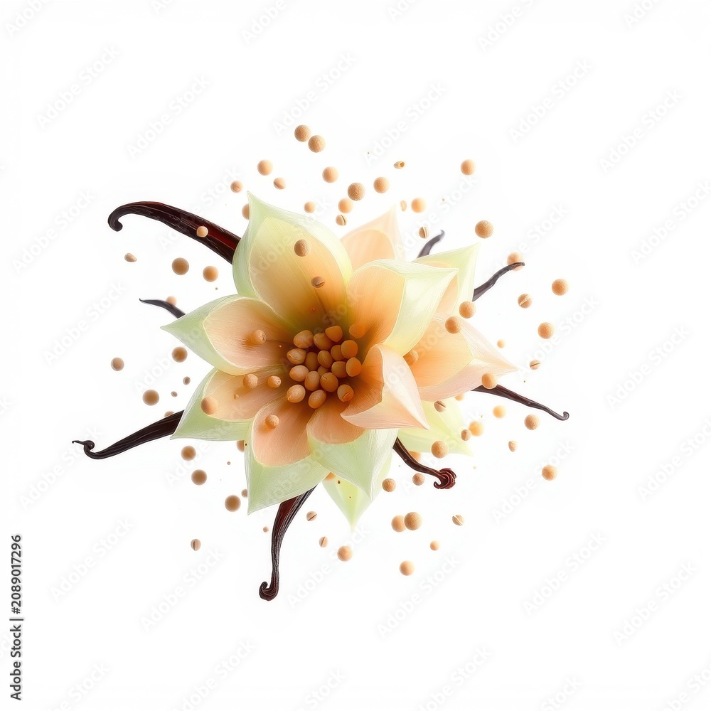 Fototapeta premium Vanilla flower blooms, surrounded by tiny seeds. Delicate petals, dark bean accents create beautiful composition.