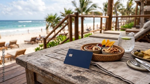 A blue card rests on a rustic wooden table at a beachside resort, with a refreshing drink and snacks in the foreground and the ocean and beach in the background