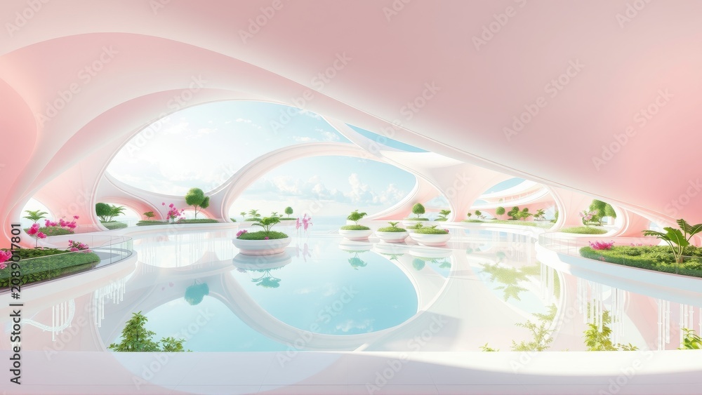 Naklejka premium Futuristic interior features curved walls, water reflections, lush plants. Soft pink hues dominate design, creating serene atmosphere.