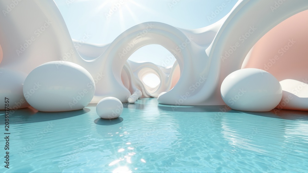 Fototapeta premium Surreal architecture floats above turquoise water. Smooth shapes create organic tunnels, bathed in bright sunlight. Dreamlike scene evokes calm.