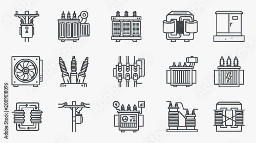 Professional Black and White Line Drawing Set of Electrical Power Equipment and Components Icons Collection