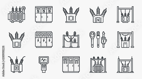 Clean Black and White Line Icons Set of Electrical Power Equipment and Components with high quality professional line art symbols for modern creative design and digital branding projects