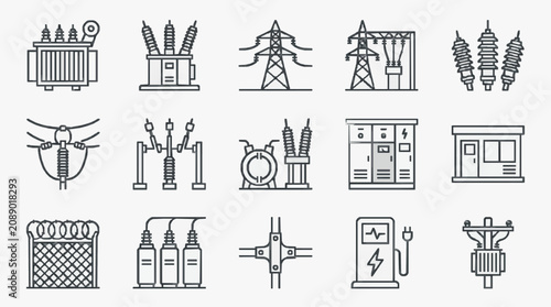 Modern Black and White Line Icons Set of Electrical Power Equipment and Components for Infographics and Presentations