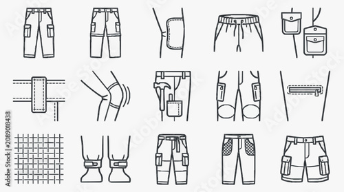 Dynamic Collection of Monochromatic Workwear and Utility Pants Line Art Icons Black and White Sketches