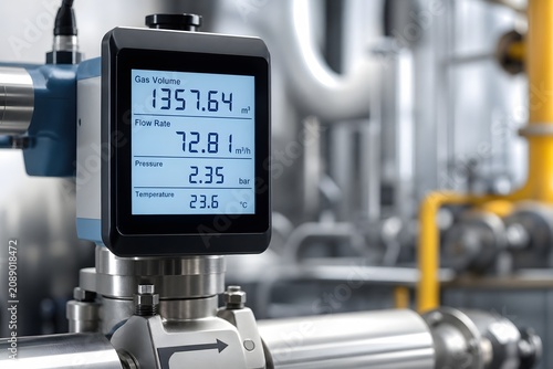 Industrial digital display unit monitoring process data on piping.