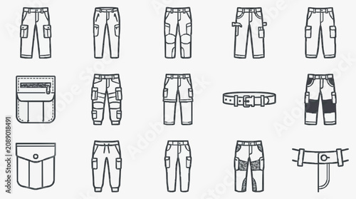 Professional Line Art Collection of Functional Pants and Utility Belts with Various Designs and Features