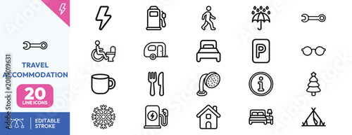 Lodging Utility icon set. Containing parking, accessibility symbol, bed, shower, coffee cup, glasses, wrench, umbrella, camper, tent, and more. Editable stroke. Vector illustration.