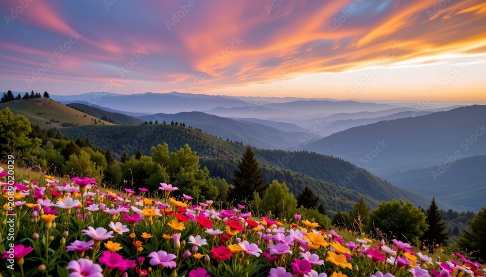 Fototapeta premium Sunrise Over Lush Mountain Valley with Wildflowers