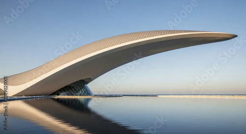 Futuristic building with curved design and tree by water