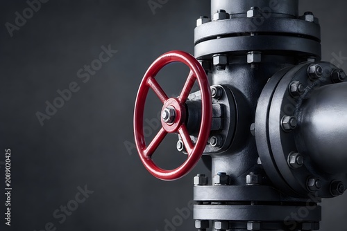 Industrial Pipe System with Red Valve Wheel on Dark Background.