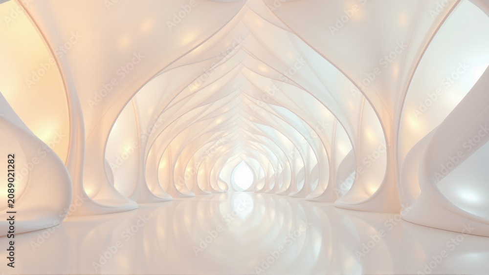 Fototapeta premium Futuristic interior. Smooth white walls form repeating archways. Light source distant, creating glowing effect. Minimalist design, clean lines.