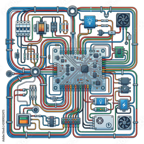 Complex Electronic Circuit Board with Microchip and Components.