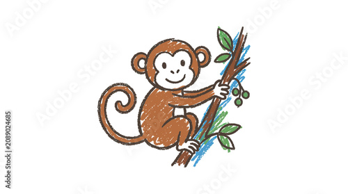 Photography Cute Monkey Climbing Tree Branch, Cartoon Drawing Style, Isolated on White