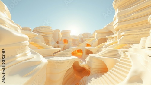 Abstract architecture, organic forms, warm light. Smooth curves define canyonlike structures, stairs ascend toward distant glow. Minimalist design, surreal landscape.