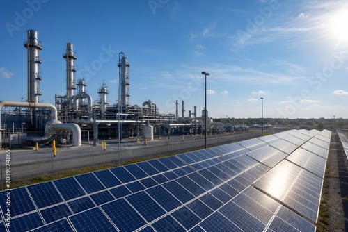 Solar panels alongside industrial plant under bright blue sky.