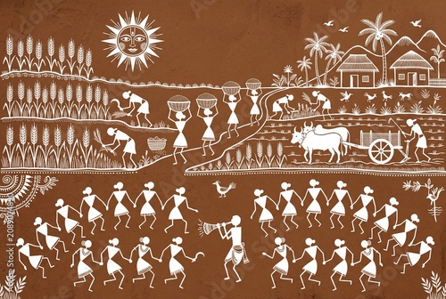 Warli Folk Art Village Harvest Scene With Farmers Bullock Cart And Dancers