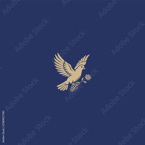 Flying Bird Carrying Hand Grenade and Flower Logo – Vintage Peace and War Symbol Vector Illustration