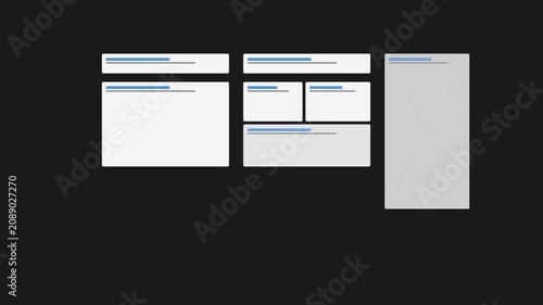 Minimalist website wireframe layout animation with responsive ui grid and placeholder blocks for web development 4k