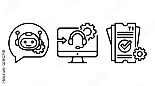 Customer support and artificial intelligence technology line icons including chatbot headset support and verified ticket documentation with automation customer documentation verified technical