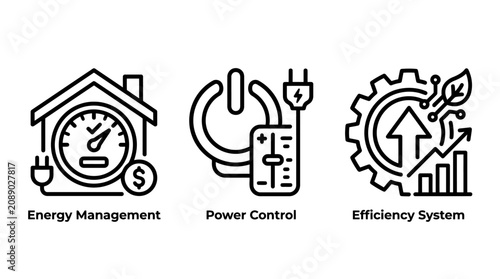 Energy management power control efficiency system outline icons representing smart energy solutions and conservation with management efficiency sustainable conservation electric technology