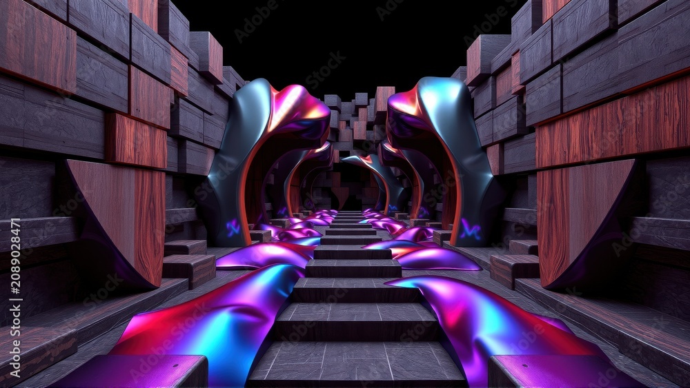 Fototapeta premium Dark corridor features vibrant neon blue, pink waves. Stone walls create depth, leading toward distant light. Futuristic design.