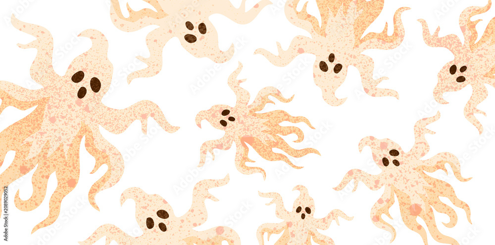 Naklejka premium Seamless pattern of creepy flying floating ghosts on white